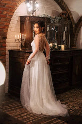 Ivory Tulle A-line Scoop Long Sleeves Beaded Bohemian Wedding Dresses